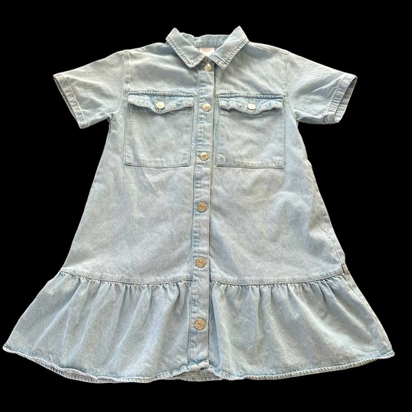 Zara Girls size 9 Light Wash Western Denim Dress Snap Up Ruffle Short Sleeve - Picture 1 of 6